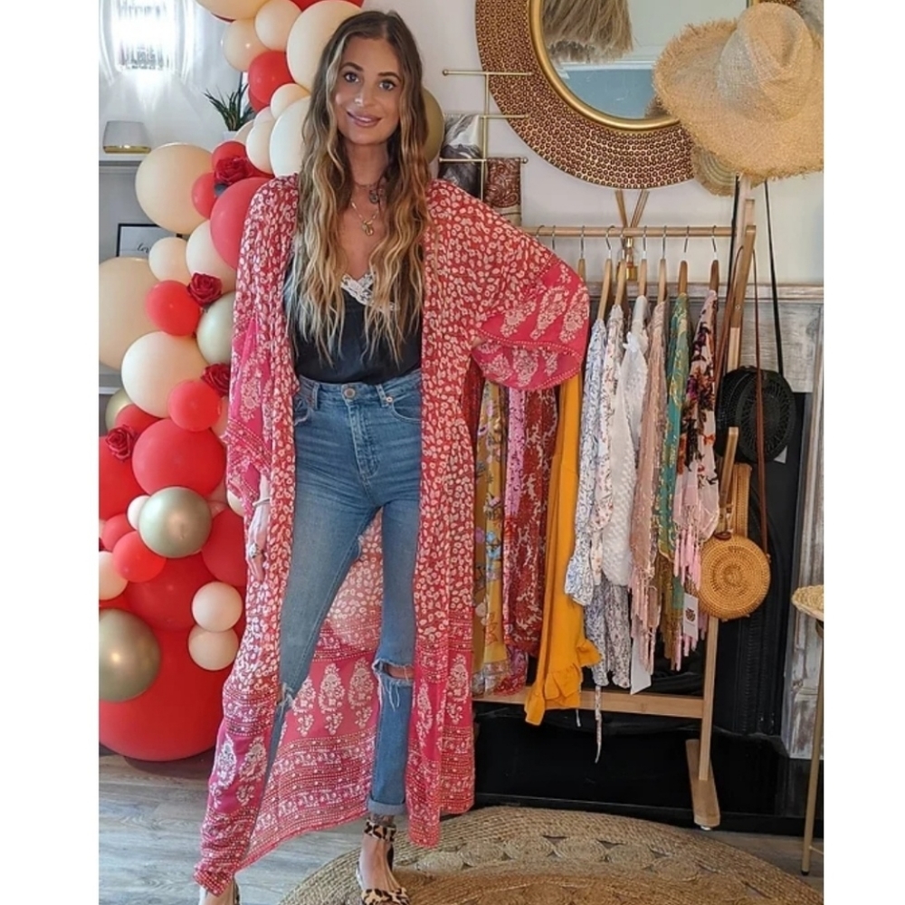 New Boho Peasant Floral Sheer Kimono Maxi Duster Jacket Cardigan Red Pink - Picture 1 of 11